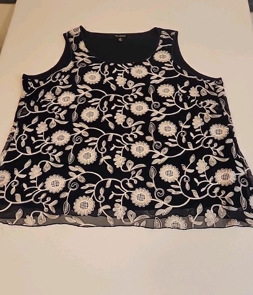 Nina Leonard Navy Polyester Tank Top W/Floral Embroidered Design Sz 1X